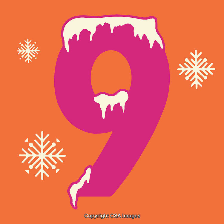 Pink Number Nine with Snow Accents on Orange Background and Snowflakes
