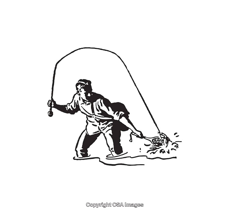 Black and White Line Art of Angler Catching Fish with Fishing Rod