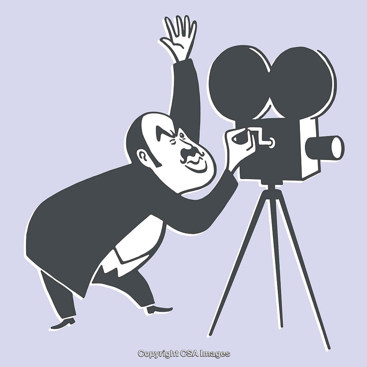 Vintage Filmmaker Operating a Retro Movie Camera Illustration