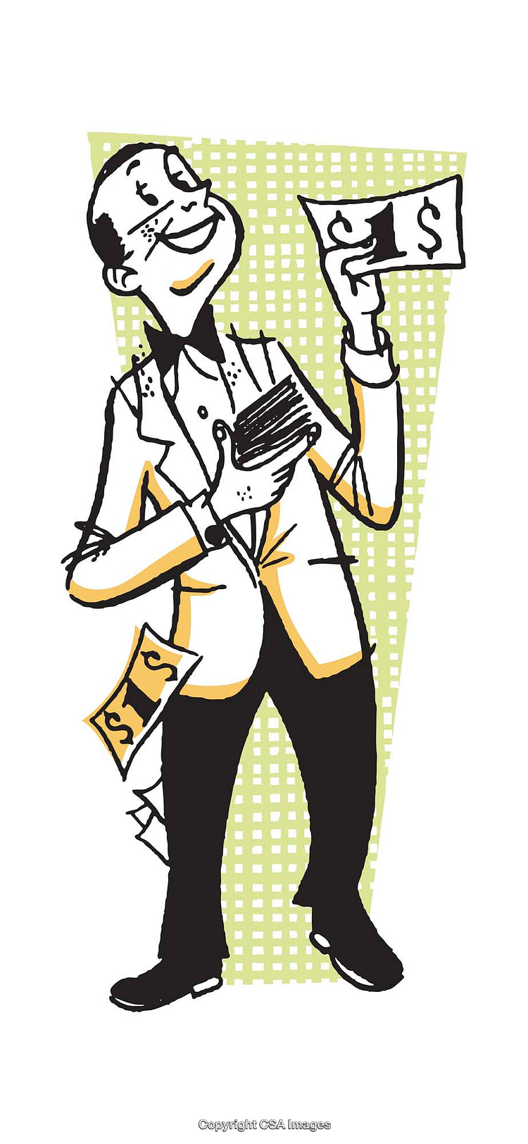 Illustrated Businessman Counting Cash in Retro Style With Happy Expression