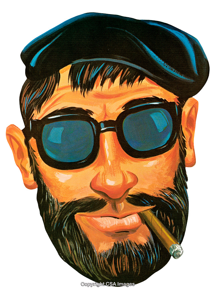 Stylized Illustration of a Bearded Smoking Man Wearing Sunglasses and a Beret