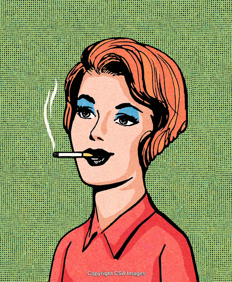 Retro Comic Style Woman Portrait with Smoking Expression on Green Background