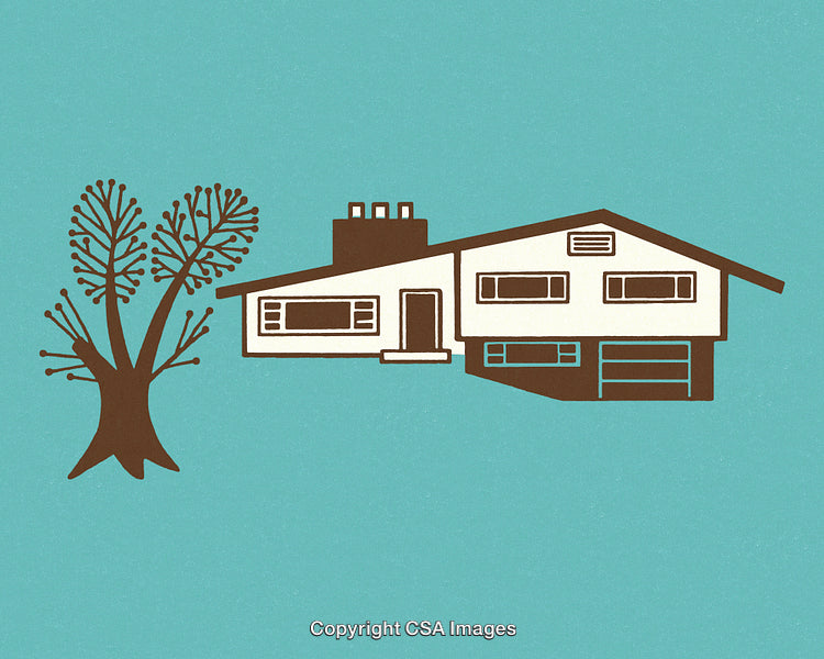 Retro Style Illustration of a Mid-Century Modern Home with Tree and Turquoise Background