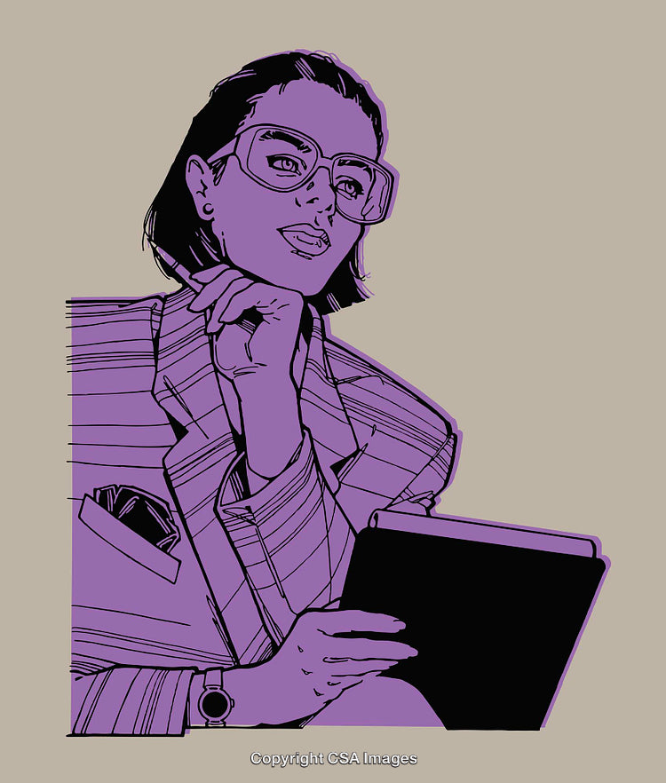 Stylized Illustration of a Woman Analyzing Work Notes in a Thoughtful Pose