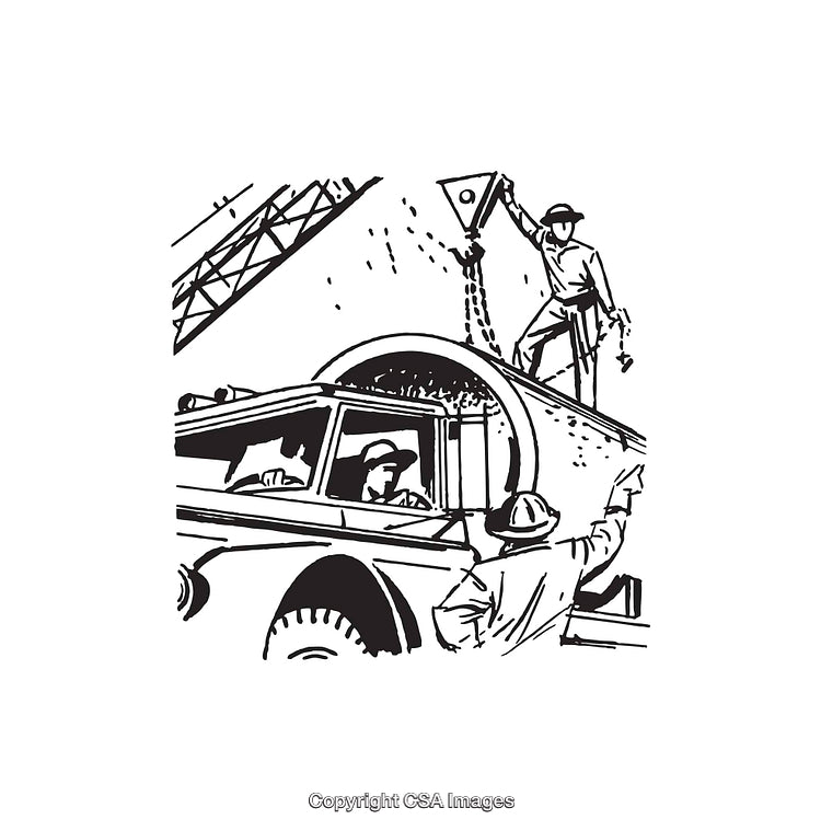Black and White Illustration of Construction Workers Implementing Tasks