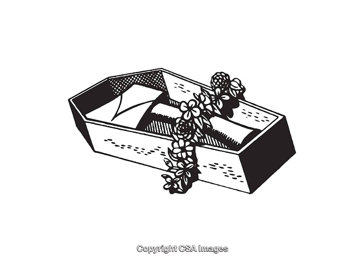 Black and White Line Art of a Coffin with Floral Decoration