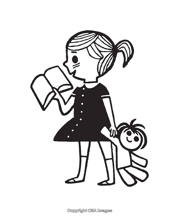 Black and White Illustration of Girl Holding Book and Doll