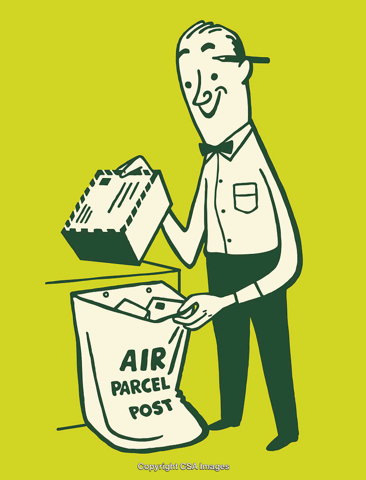 Vintage Style Illustration of a Person Sorting Air Mail Parcels