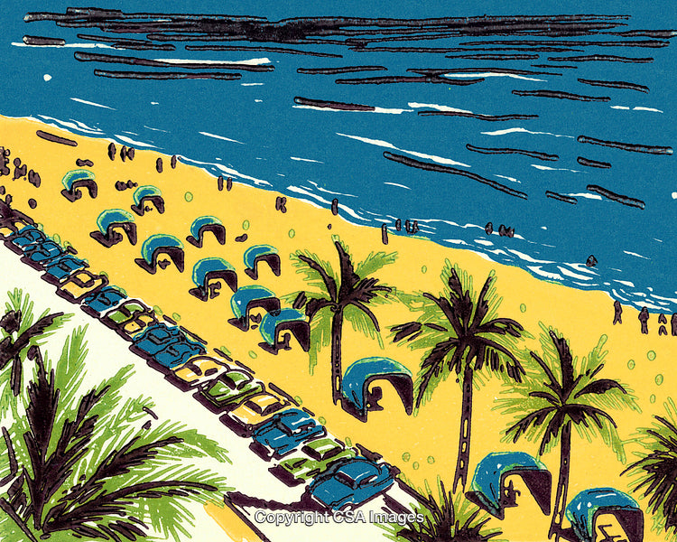 Illustrated Tropical Beach Scene With Palm Trees and Vibrant Beach Umbrellas