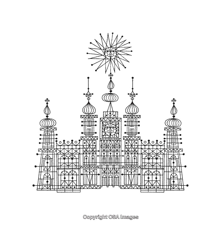 Intricate Black and White Line Art of Palace-Like Architecture
