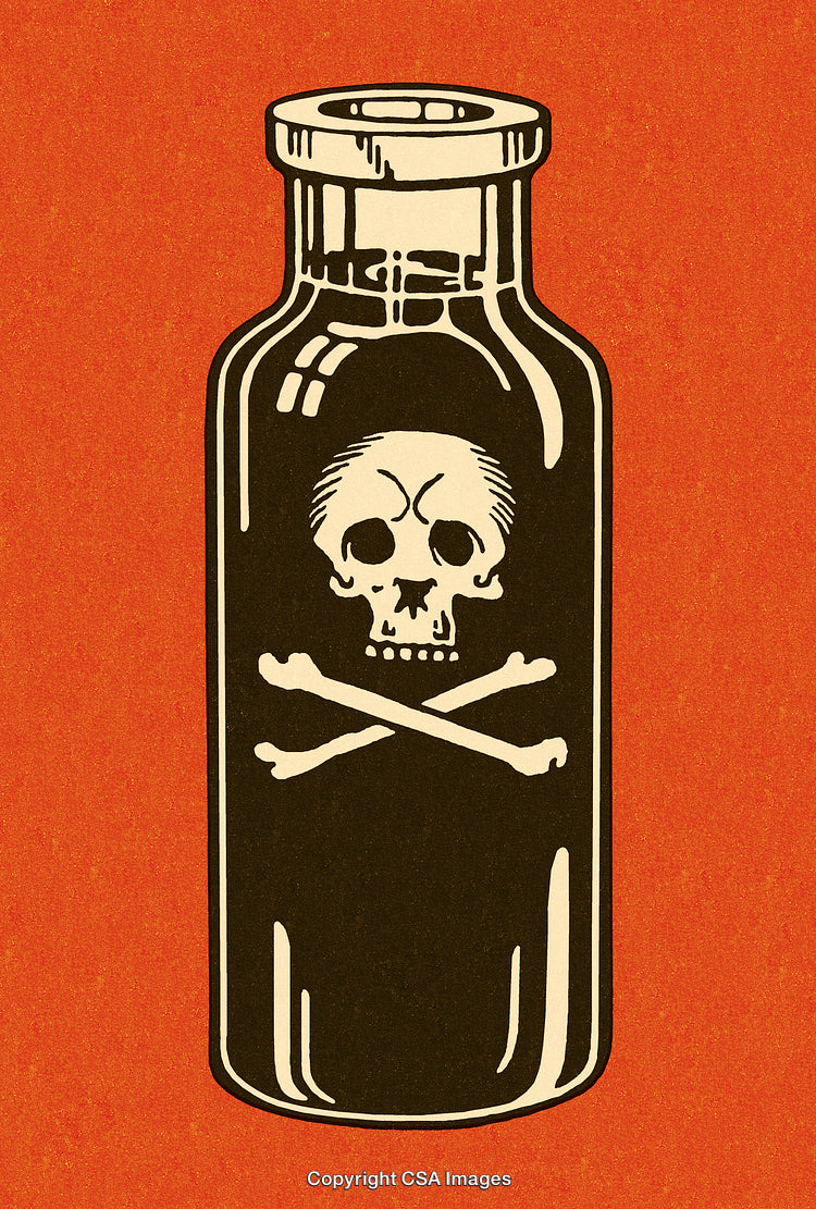 Stylized Illustration of Poison Bottle with Skull and Crossbones on Orange Background