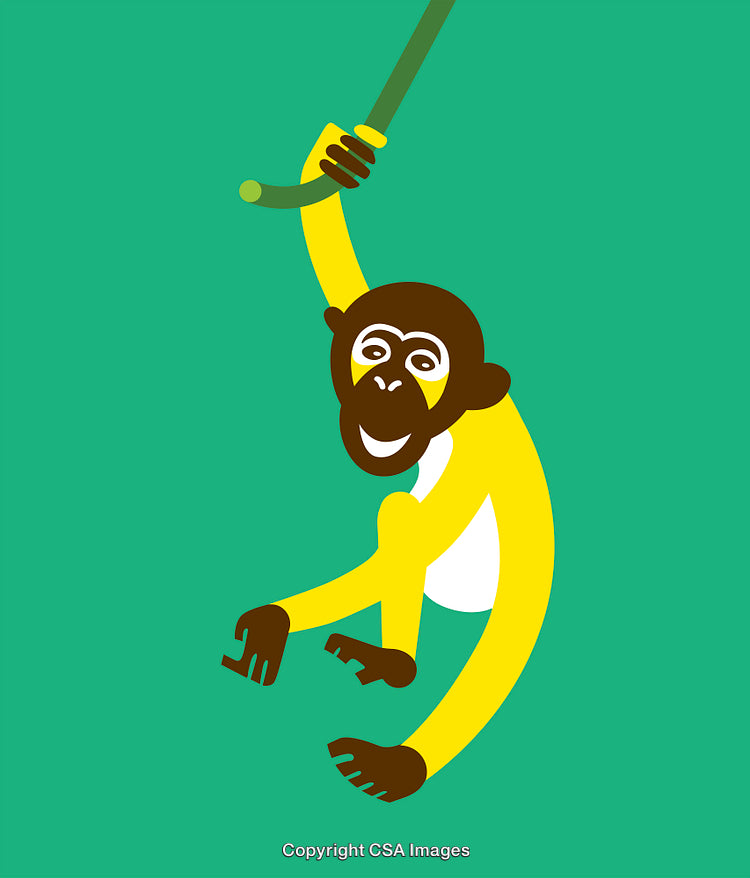 Playful Cartoon Monkey Swinging Playfully on a Vine Against a Green Background