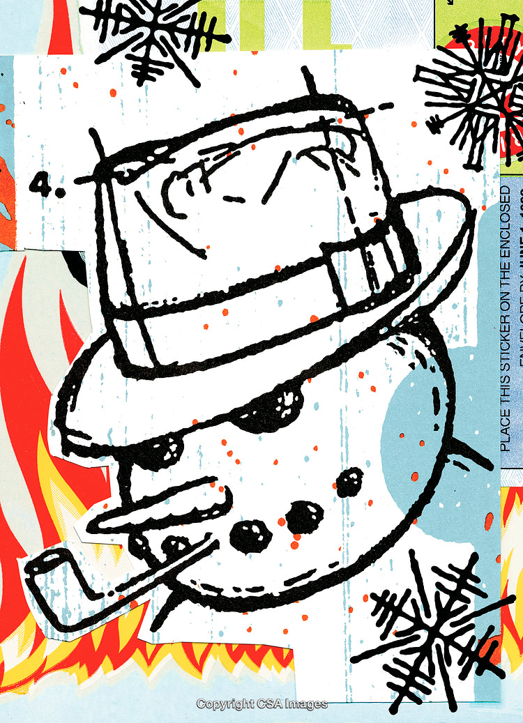 Whimsical Cartoon Snowman Artwork with Winter Holiday Icons and Festive Design