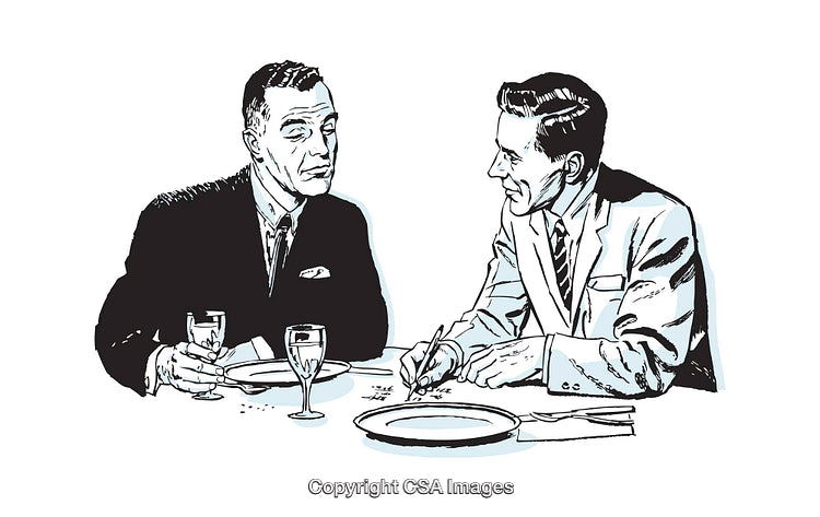 Retro Illustration of Two Men Engaged in a Conversation at a Dinner Table