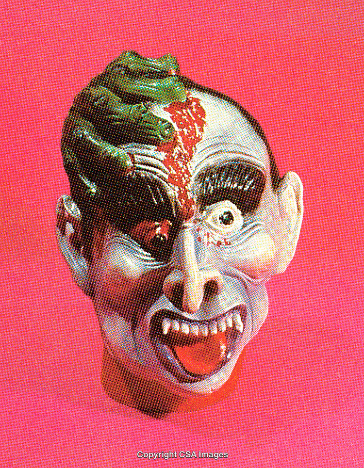 Ghoulish Monster Head With Vivid Colors and Stylized Design on Pink Background