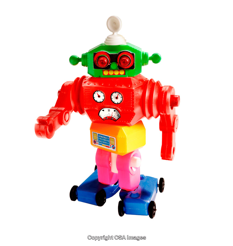 Colorful Vintage Robot Toy with Bright Plastic Details and Winding Key