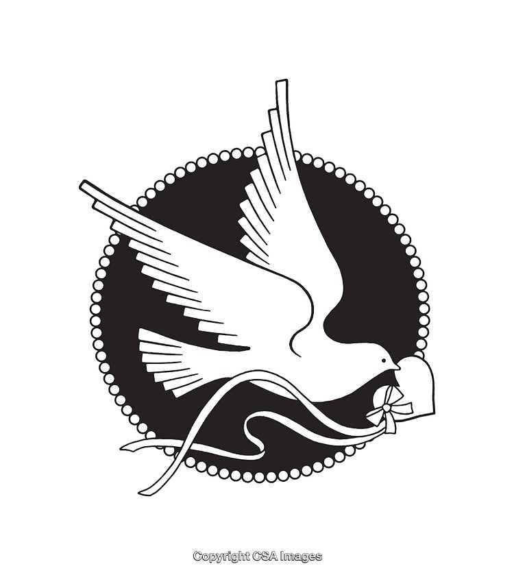 Flying Dove with Ribbon and Heart Motif in Black and White Line Art