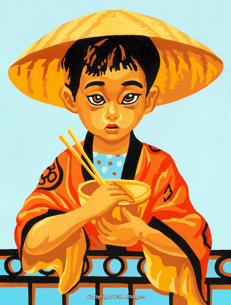 Illustration of Child in Traditional Attire Holding a Bowl with Chopsticks