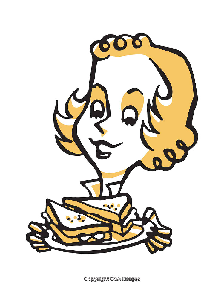 Retro Style Illustration of Woman Enjoying Sandwiches on Plate