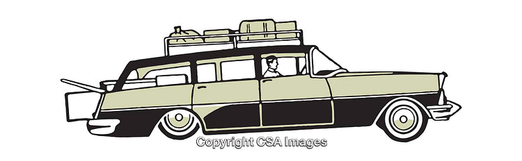Vintage Station Wagon Illustration with Luggage on Roof