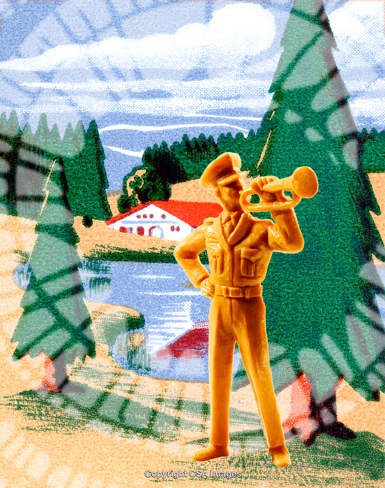 Vintage Plastic Toy Soldier in Scenic Countryside Setting
