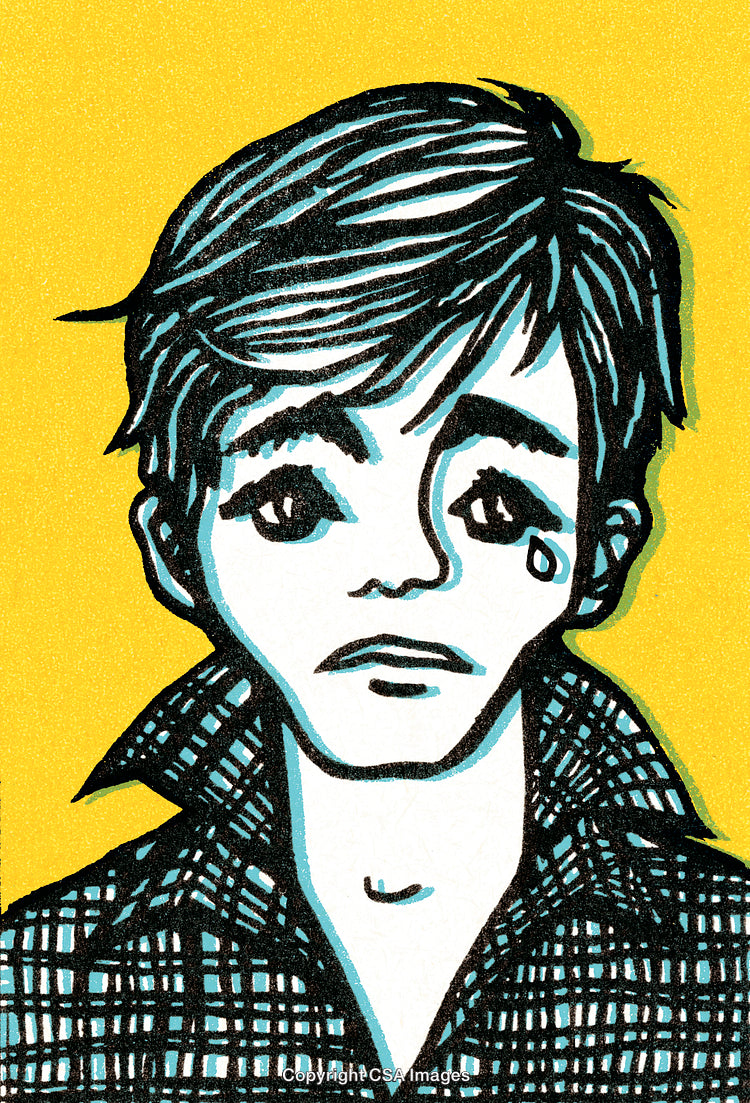 Stylized Sad Portrait of Young Man with Expression of Melancholy on Yellow Background
