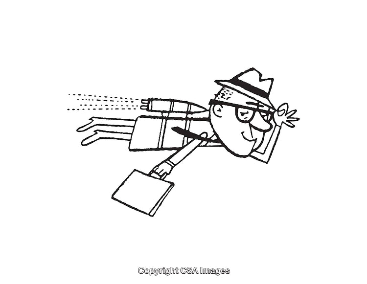 Whimsical Cartoon of a Flying Businessman with Briefcase and Jetpack