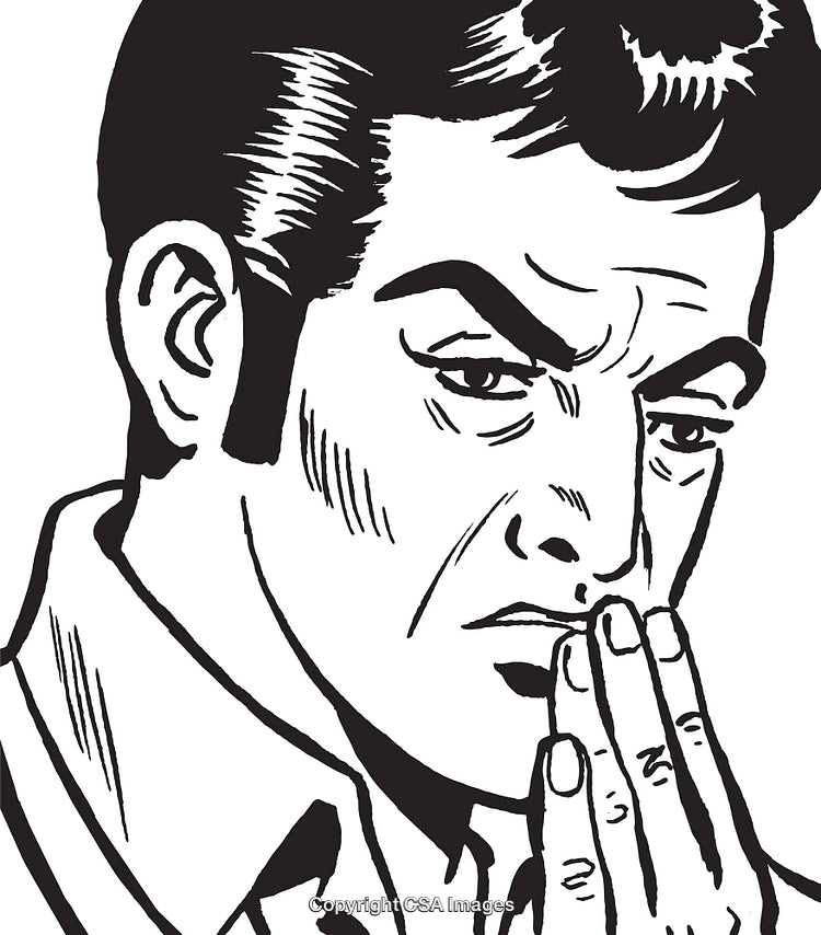 Black and White Illustration of a Pensive Man Deep in Thought