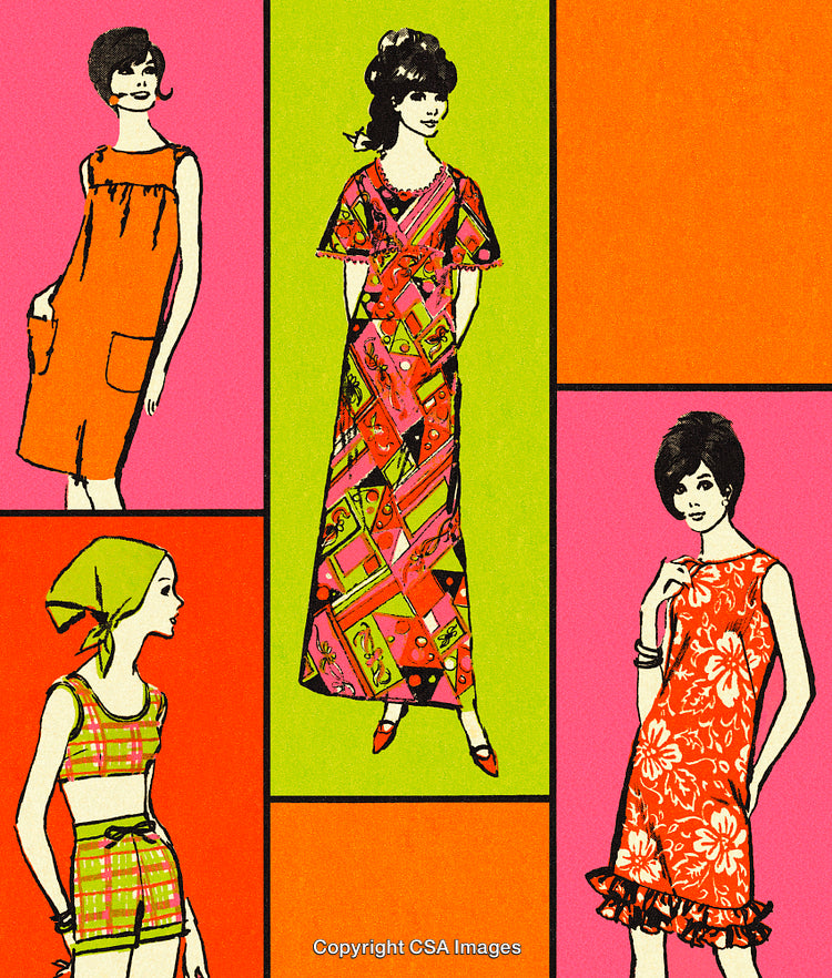 Retro 1960s Fashion Illustration Featuring Colorful Women’s Dress Designs
