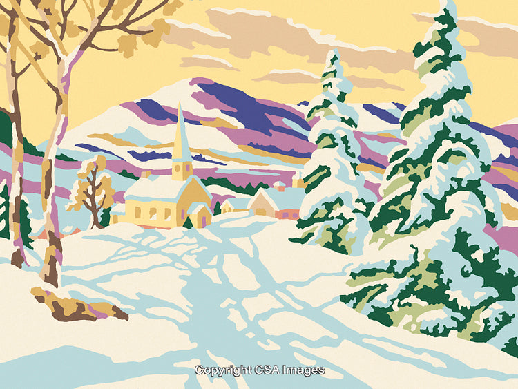 Scenic Winter Village with Snow-Covered Landscape Depicted in Paint by Number Style
