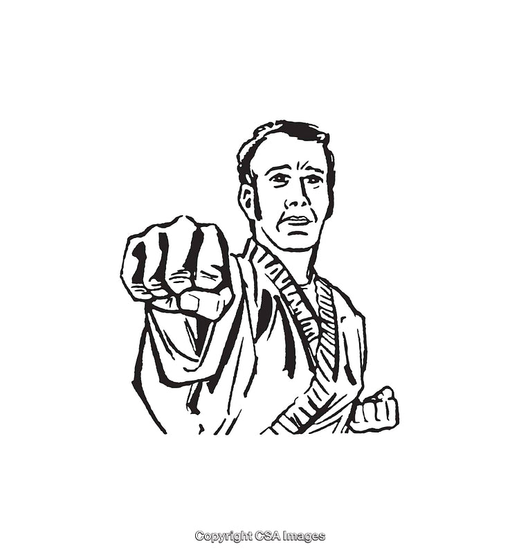Martial Artist in Action Black and White Line Art Drawing