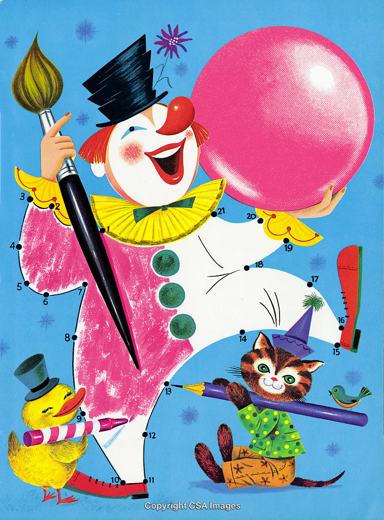 Colorful Illustration of a Clown with Duck and Cat in Festive Scene