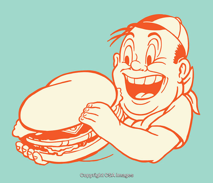 Excited Cartoon Character Holding a Giant Sandwich in Retro Style