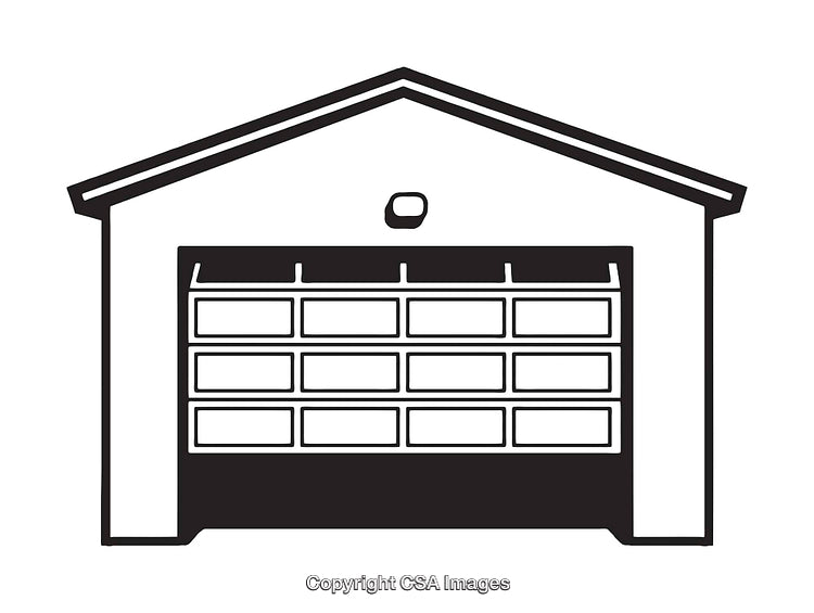 Black and White Line Art Illustration of a Garage with Open Entrance