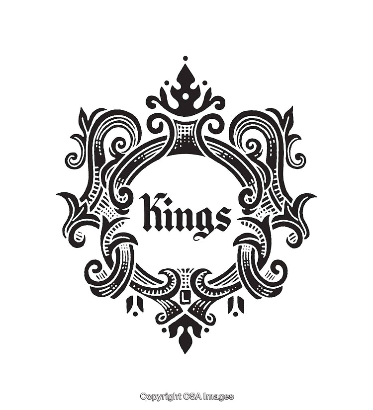 Intricate Vintage Design Featuring Crown Motif and 'Kings' Calligraphy