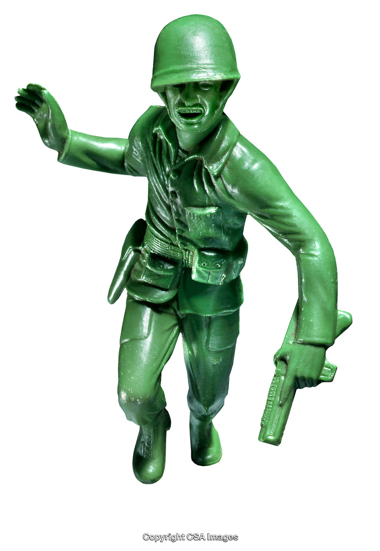 Green Plastic Soldier Figure in a Dynamic Combat Pose on White Background