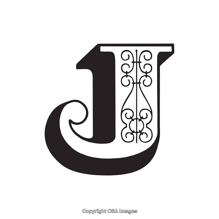 Decorative Black Letter J with Intricate Vintage Flourish Details