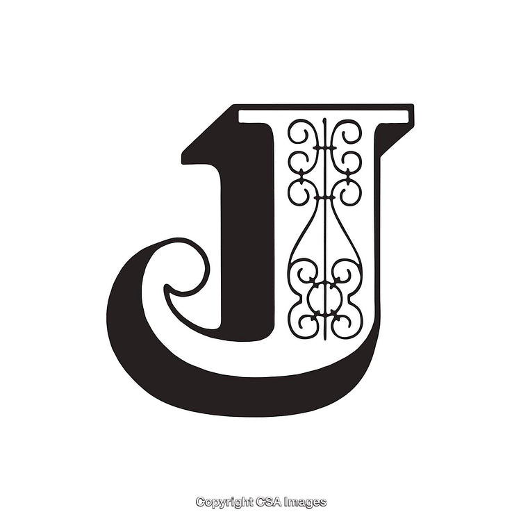 Decorative Black Letter J with Intricate Vintage Flourish Details