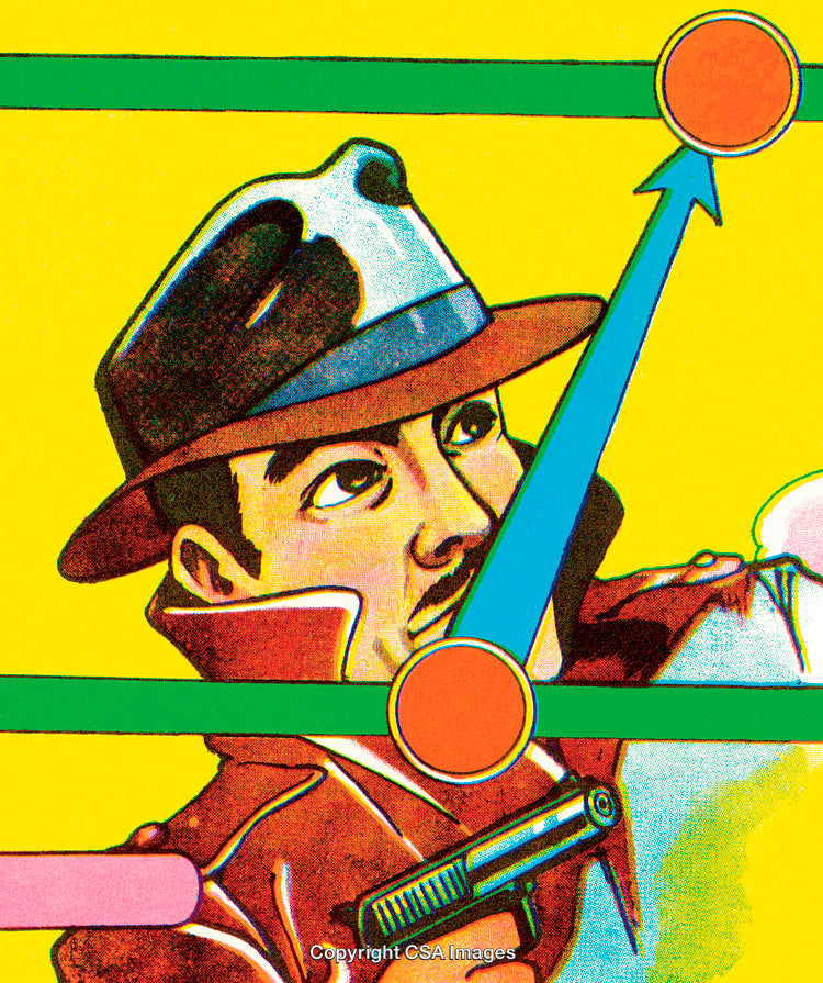 Colorful Vintage Detective Illustration with Gun and Bold Graphics