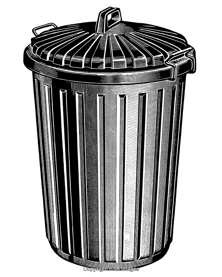 Detailed Black and White Engraving of a Metal Trash Can