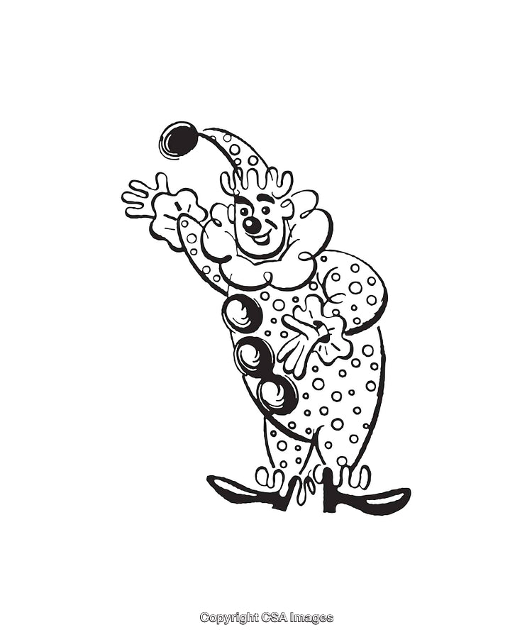 Cheerful Clown Waving in Vintage Black and White Line Art Illustration