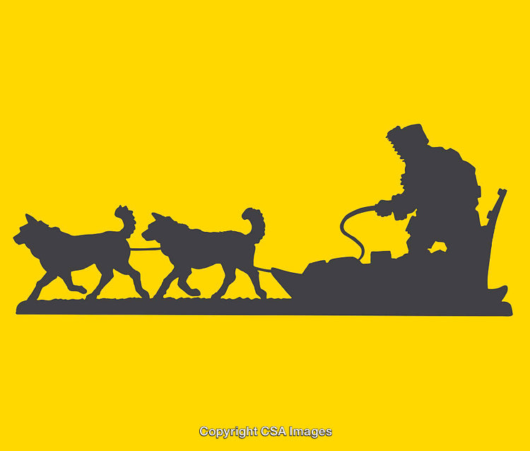 Silhouette of Sled Dogs and Musher on Bold Yellow Background