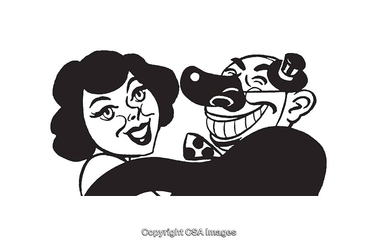 Black and White Line Art Illustration of a Smiling Couple Hugging