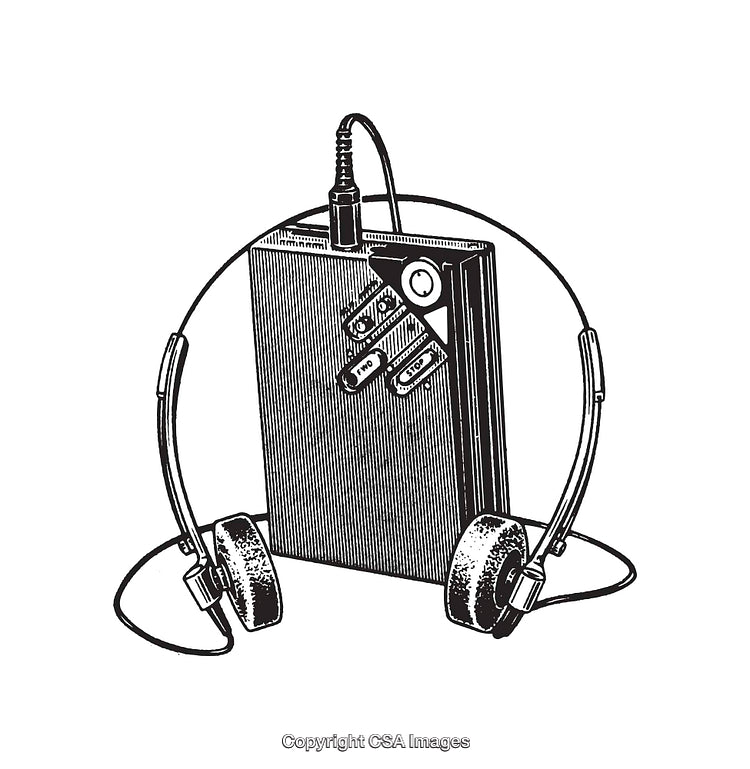 Vintage Line Art Illustration of a Portable Music Player and Headphones