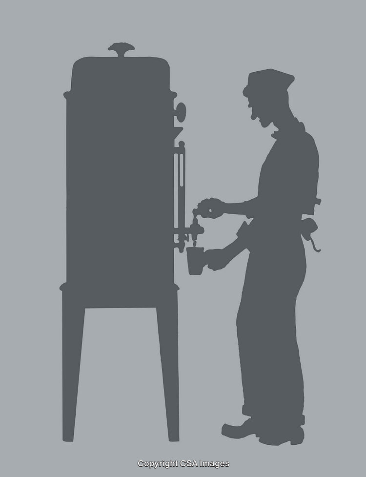 Silhouette of Worker Operating Large Beverage Dispenser in Retro Style