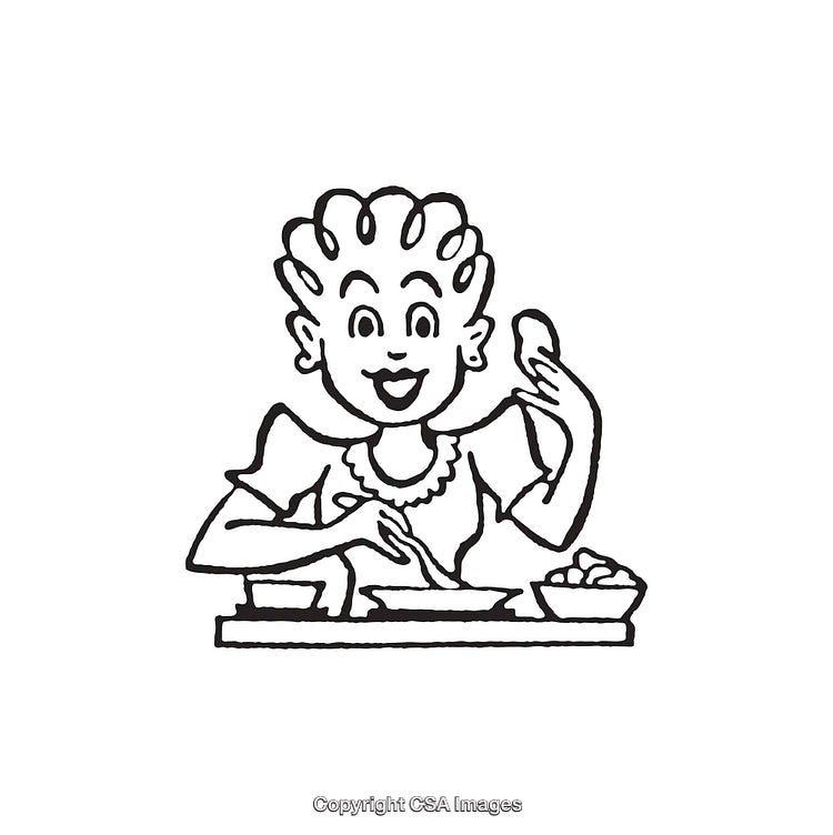 Black and White Illustration of a Woman Preparing and Enjoying a Meal