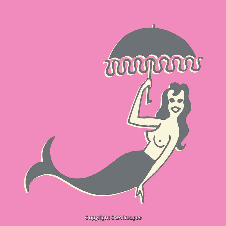Retro Style Mermaid Illustration Holding an Umbrella on a Pink Background