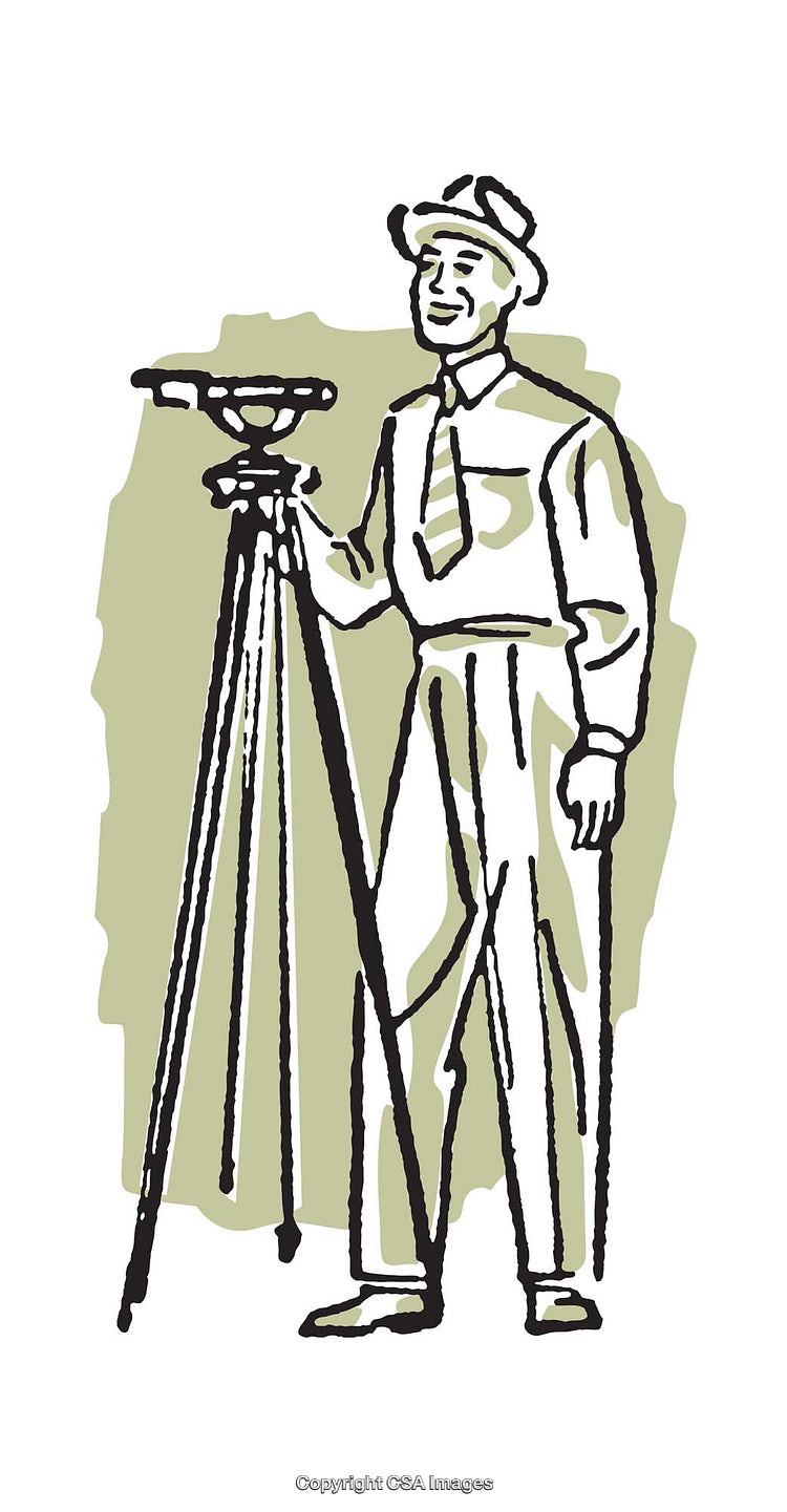 Vintage Illustration of Surveyor with Equipment on Green Background