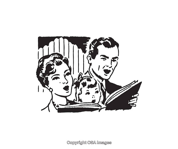 Black and White Illustration of a Family Singing Together