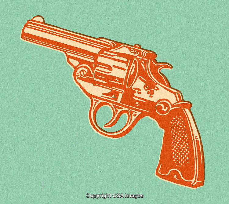 Retro Illustration of an Orange Revolver on a Green Background